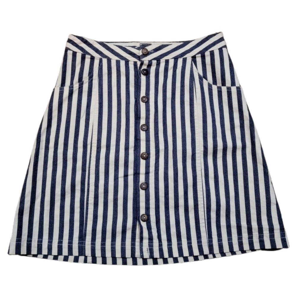 Mo:Vint Button Up Skirt With Pockets White Blue Striped Small Anthropologie
